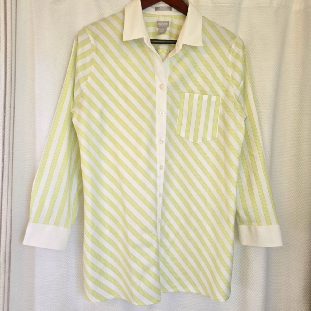 Chico's Size 2P (US Size 12 Petite) No-Iron Spring-Green and White Top